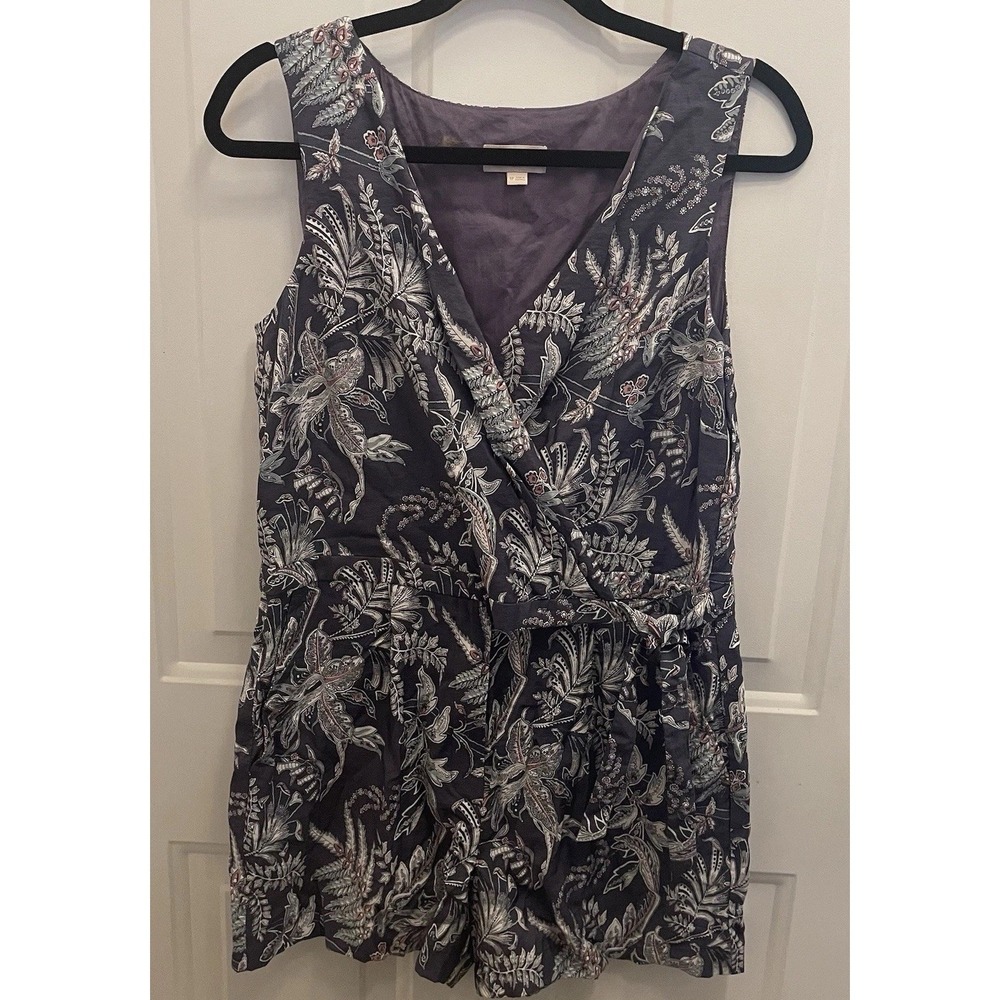Loft Romper Blue Floral Faux Wrap V Neck‎ Womens 8P Aloha Vacay Beach Resort - Picture 2 of 8
